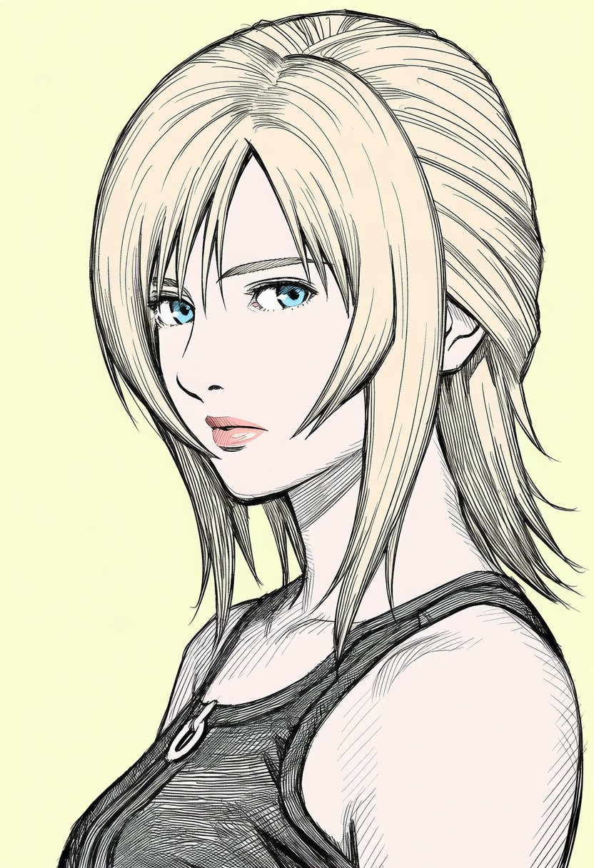 1girl, aya_brea, bare_shoulders, black_shirt, black_tank_top, blonde_hair, blue_eyes, breasts