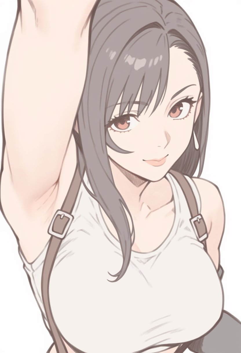 1girl, armpits, bare_shoulders, black_gloves, black_hair, breasts, closed_mouth, crop_top, earrings, elbow_gloves, final_fantasy, final_fantasy_vii, gloves, highres, jaydamon, jewelry, large_breasts, looking_at_viewer, red_eyes, shirt, single_glove, smile, solo, suspenders, tifa_lockhart, white_background, white_shirt