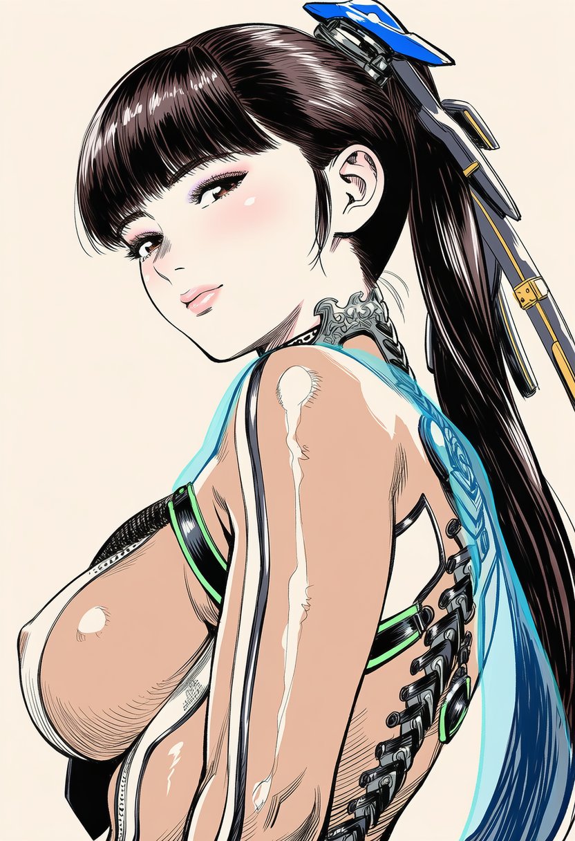 1girl, blue_cape, blunt_bangs, bodystocking, breasts, brown_eyes, brown_hair, cape