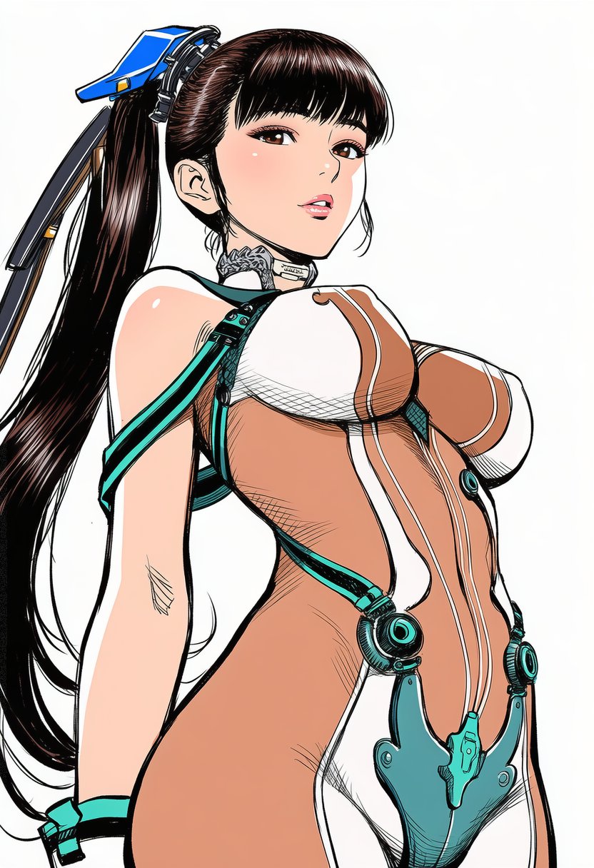1girl, arms_behind_back, bare_shoulders, blunt_bangs, bodystocking, bodysuit, breasts, brown_bodysuit