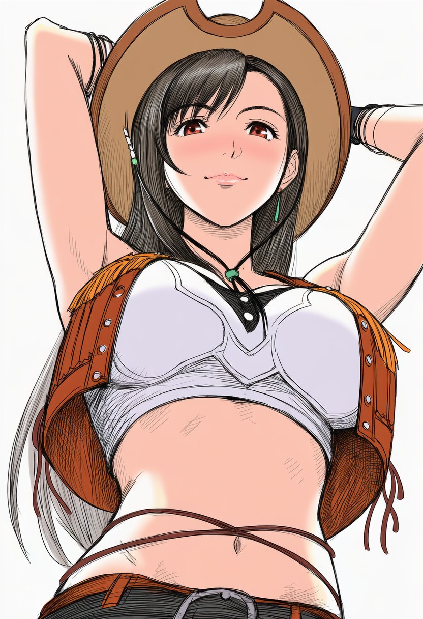 1girl, arms_behind_head, bare_shoulders, belt, black_belt, black_bra, black_gloves, bra, bracelet, breasts, brown_hair, brown_vest, closed_mouth, cowboy_hat, crisis_core_final_fantasy_vii, crop_top, cropped_vest, dark_skin, earrings, final_fantasy, final_fantasy_vii, final_fantasy_vii_rebirth, final_fantasy_vii_remake, fringe_trim, from_below, gloves, hat, highres, jaydamon, jewelry, long_hair, medium_breasts, midriff, navel, official_alternate_costume, red_eyes, shirt, smile, solo, tifa_lockhart, tifa_lockhart_(cowgirl), underwear, vest, white_background, white_shirt