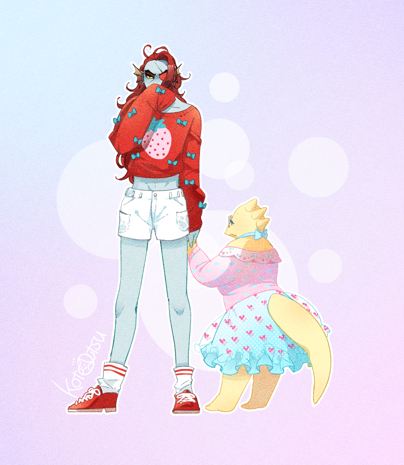 2021, 2d, 2girls, alphys, alternate_costume, anthro, artist_name, barefoot