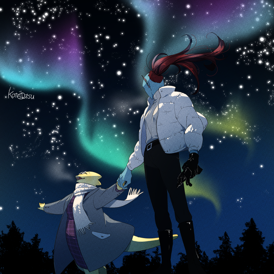 2022, 2d, 2girls, alphys, anthro, artist_name, aurora, belt