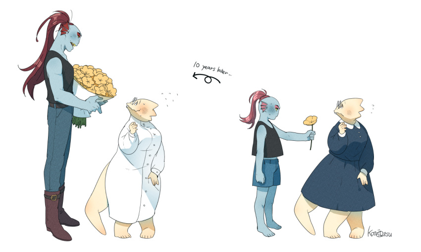 2022, 2d, 2girls, age_comparison, aged_down, alphys, anthro, artist_name