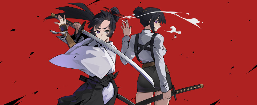 2girls, absurdres, arm_guards, arm_up, arms_up, back, black_hair, black_hakama, breathing_smoke, bright_pupils, chest_harness, cigarette, closed_mouth, collared_shirt, cowboy_shot, fighting_stance, floating_hair, from_behind, furrowed_brow, grey_eyes, hair_bun, hair_ornament, hair_ribbon, hair_stick, hakama, hakama_skirt, harness, heterochromia, highres, hip_vent, holding, holding_cigarette, holding_sword, holding_weapon, japanese_clothes, katana, kimono, light_frown, long_sleeves, looking_at_viewer, miniskirt, mu_laoyang, multiple_girls, original, ox_guard, pencil_skirt, ponytail, profile, red_background, red_ribbon, ribbon, sheath, sheathed, shirt, short_eyebrows, sidelocks, sideways_glance, simple_background, single_hair_bun, skirt, smoke, smoke_trail, standing, sword, sword_hilt, sword_in_front_of_face, thick_eyebrows, two-handed, v-shaped_eyebrows, violet_eyes, weapon, white_kimono, white_pupils, white_shirt, wide_shot, wide_sleeves