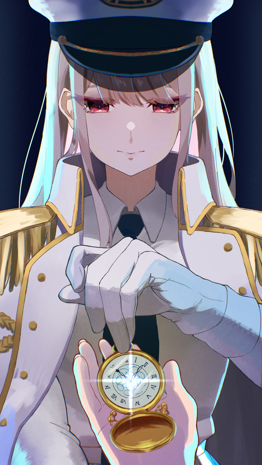 1girl, absurdres, aquarium_wa_odoranai, epaulettes, gloves, hat, highres, holding, holding_pocket_watch, jacket, jacket_on_shoulders, long_hair, military_hat, pocket_watch, red_eyes, retro_(aquarium_wa_odoranai), shirt, solo_focus, user_mtke2822, watch, white_gloves, white_hair, white_shirt