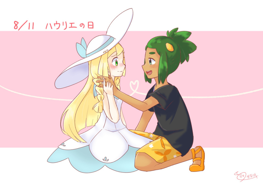 1boy, 1girl, black_shirt, blonde_hair, blush, dress, full_body, green_eyes