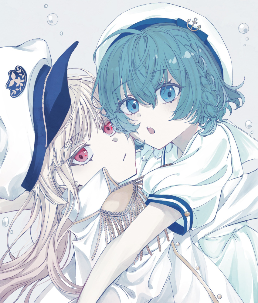 2girls, ahoge, aquarium_wa_odoranai, blue_eyes, blue_hair, dress, epaulettes, hat