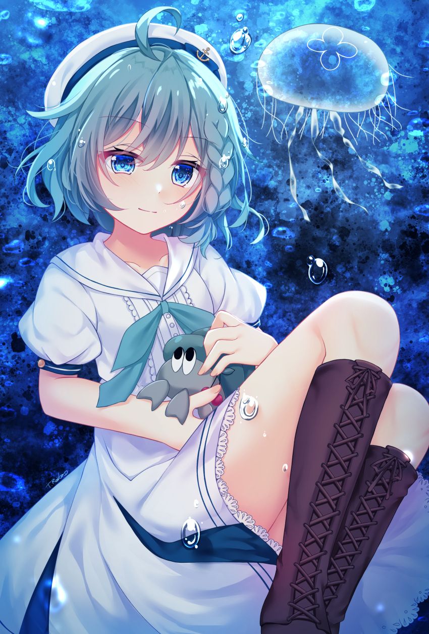 1girl, absurdres, ahoge, aquarium_wa_odoranai, blue_eyes, blue_hair, boots, bow