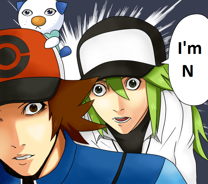 2boys, blue_eyes, brown_eyes, brown_hair, death_note, green_eyes, green_hair, hard_translated, hat, highres, i_am_l, long_hair, multiple_boys, n_(pokemon), open_mouth, oshawott, parody, pokemon, pokemon_(creature), pokemon_(game), pokemon_black_and_white, pokemon_bw, ponytail, ramune_(r2125), touya_(pokemon), translated