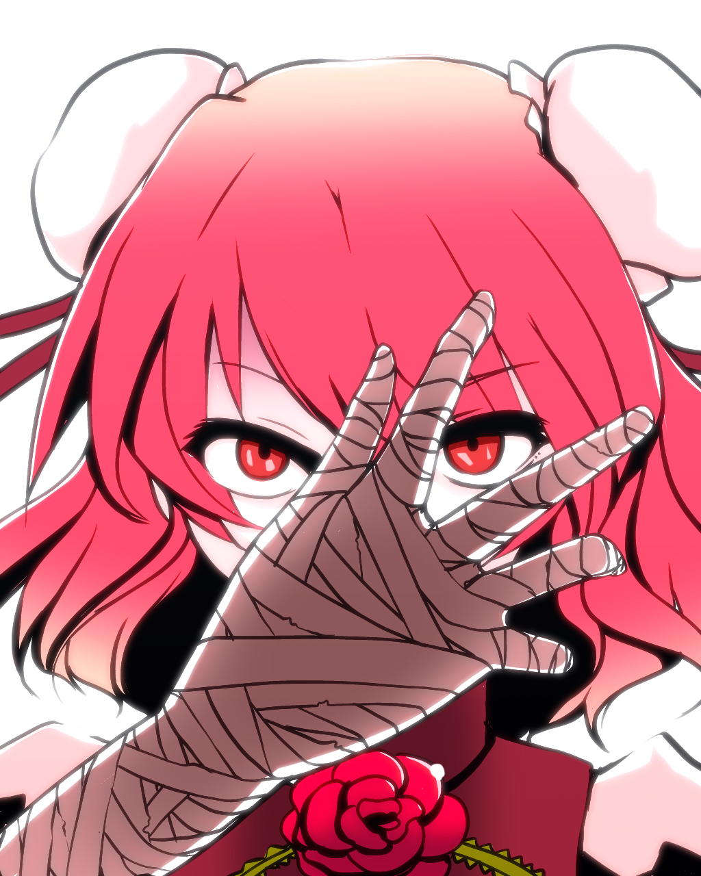 bandage, bandaged_hand, bandages, bun_cover, china_dress, chinese_clothes, covering, covering_face, double_bun, face, flower, hands, highres, ibara_kasen, ibaraki_kasen, k-dam, pink_hair, portrait, red_eyes, red_rose, rose, short_hair, solo, touhou