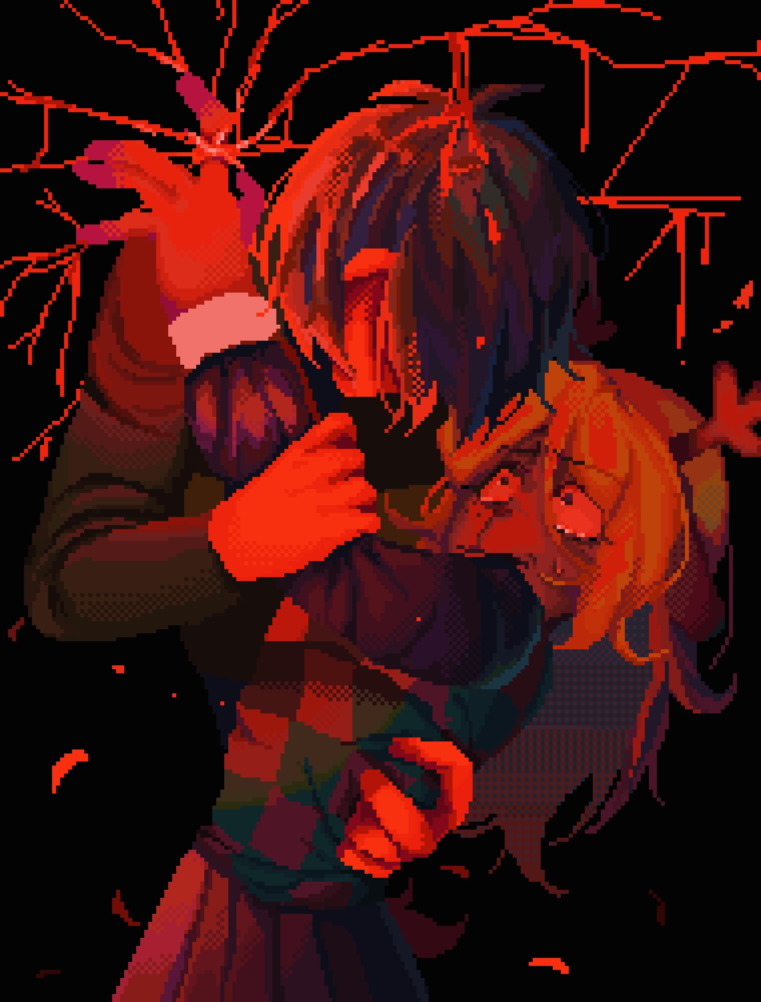 1girl, 1other, 9aaaalt29, antlers, brown_hair, checkered_clothes, checkered_vest, commentary, deer_antlers, deer_girl, deltarune, furry, furry_female, hand_on_another's_back, highres, holding_another's_arm, horns, jewelry, kris_(deltarune), long_hair, long_sleeves, noelle_holiday, pixel_art, ring, short_hair, symbol-only_commentary, thorn_ring_(deltarune), vest, weird_route_(deltarune)