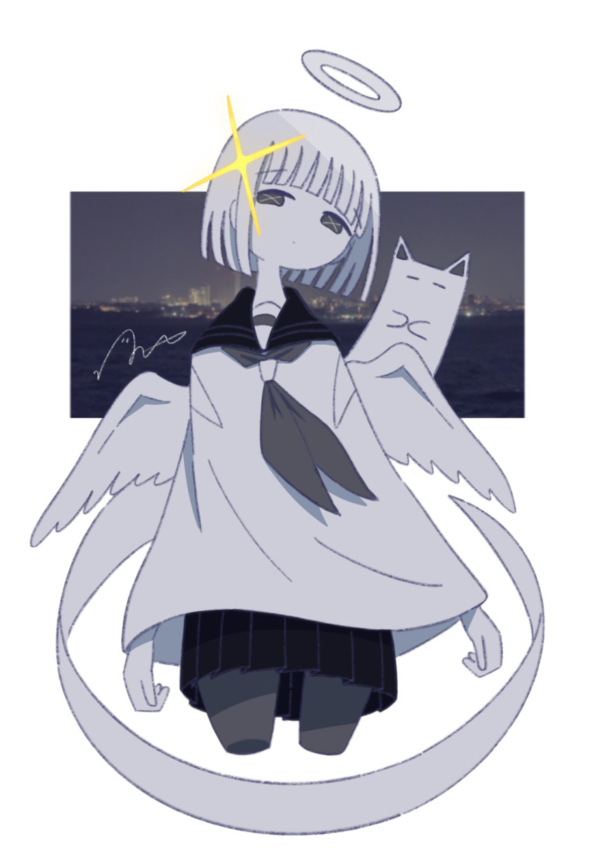 1girl, angel, angel_wings, animal_ears, black_sailor_collar, black_skirt, cat_ears, cowboy_shot