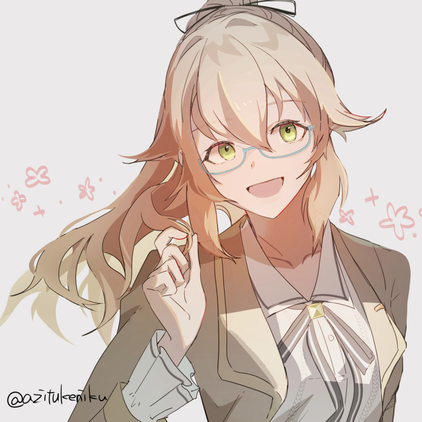 1girl, :d, azitsukeniku, black_ribbon, blue-framed_eyewear, brown_hair, brown_jacket, collarbone, dress_shirt, eiyuu_densetsu, glasses, green_eyes, grey_background, hair_between_eyes, hair_ribbon, highres, jacket, kuro_no_kiseki_(series), kuro_no_kiseki_ii, long_sleeves, looking_at_viewer, neck_ribbon, open_clothes, open_jacket, ponytail, ribbon, sen_no_kiseki_(series), sen_no_kiseki_i, shirt, sketch, smile, towa_herschel, twitter_username, upper_body, white_shirt