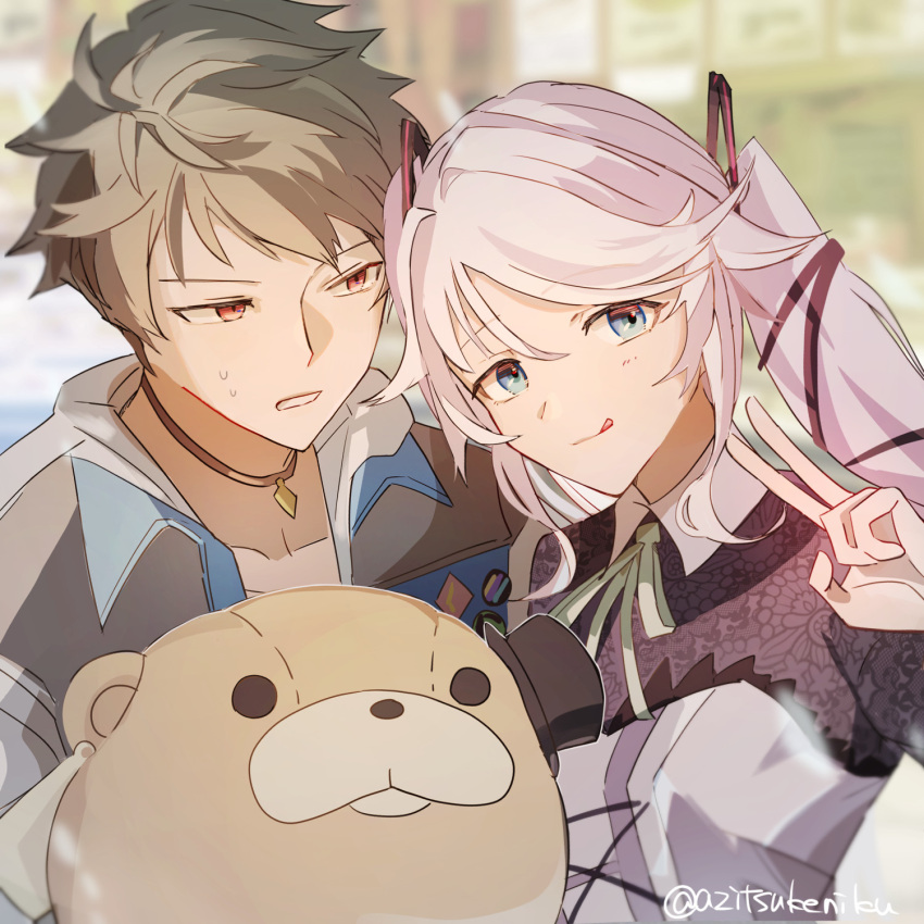 1boy, 1girl, azitsukeniku, black_ribbon, blue_eyes, blue_jacket, blurry, blurry_background