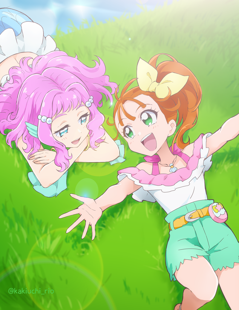 2girls, :d, aqua_shorts, arms_up, bare_arms, blue_eyes, blush, bow
