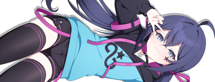 1girl, :3, absurdres, ahoge, black_choker, black_jacket, black_shorts, black_thighhighs