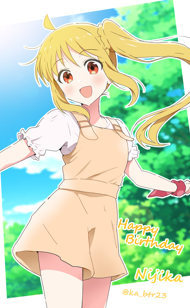 1girl, :d, blonde_hair, blurry, blurry_background, bocchi_the_rock!, character_name, cowboy_shot