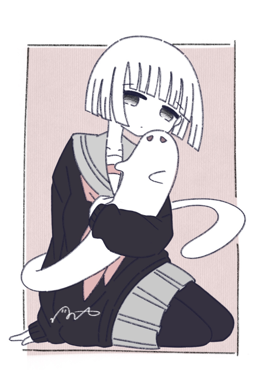 1girl, a.i.m.s._shotriser, black_pantyhose, black_sweater, border, full_body, ghost, grey_sailor_collar