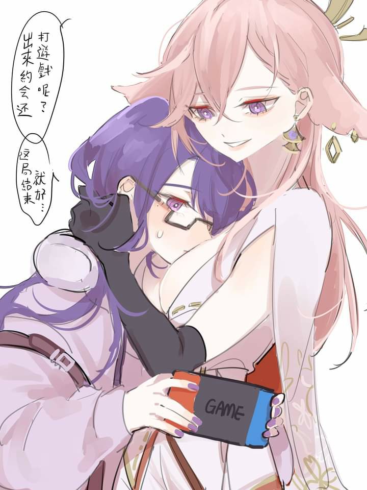 2girls, animal_ear_piercing, animal_ears, black_gloves, breasts, chinese_commentary, couple, earrings