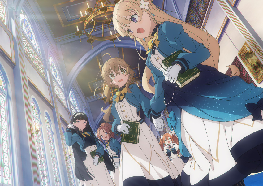 +_+, 5girls, adjusting_hair, ahoge, arch, black_hair, blonde_hair, blue_eyes