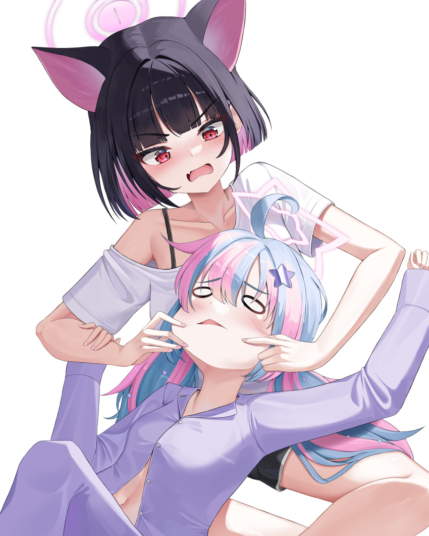 2girls, ahoge, alternate_costume, angry, animal_ears, black_hair, black_shorts, blue_archive