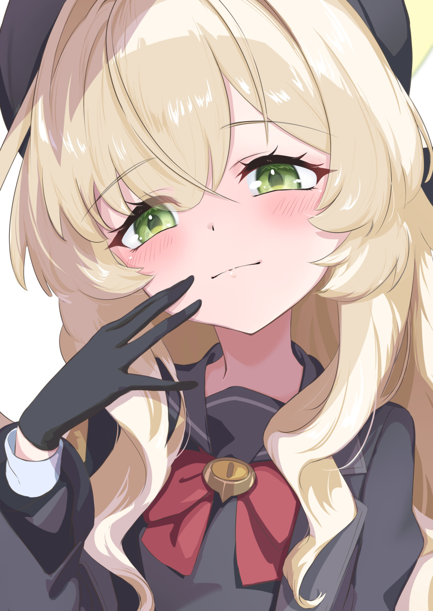 1girl, absurdres, beret, black_coat, black_gloves, black_hat, black_sailor_collar, blonde_hair