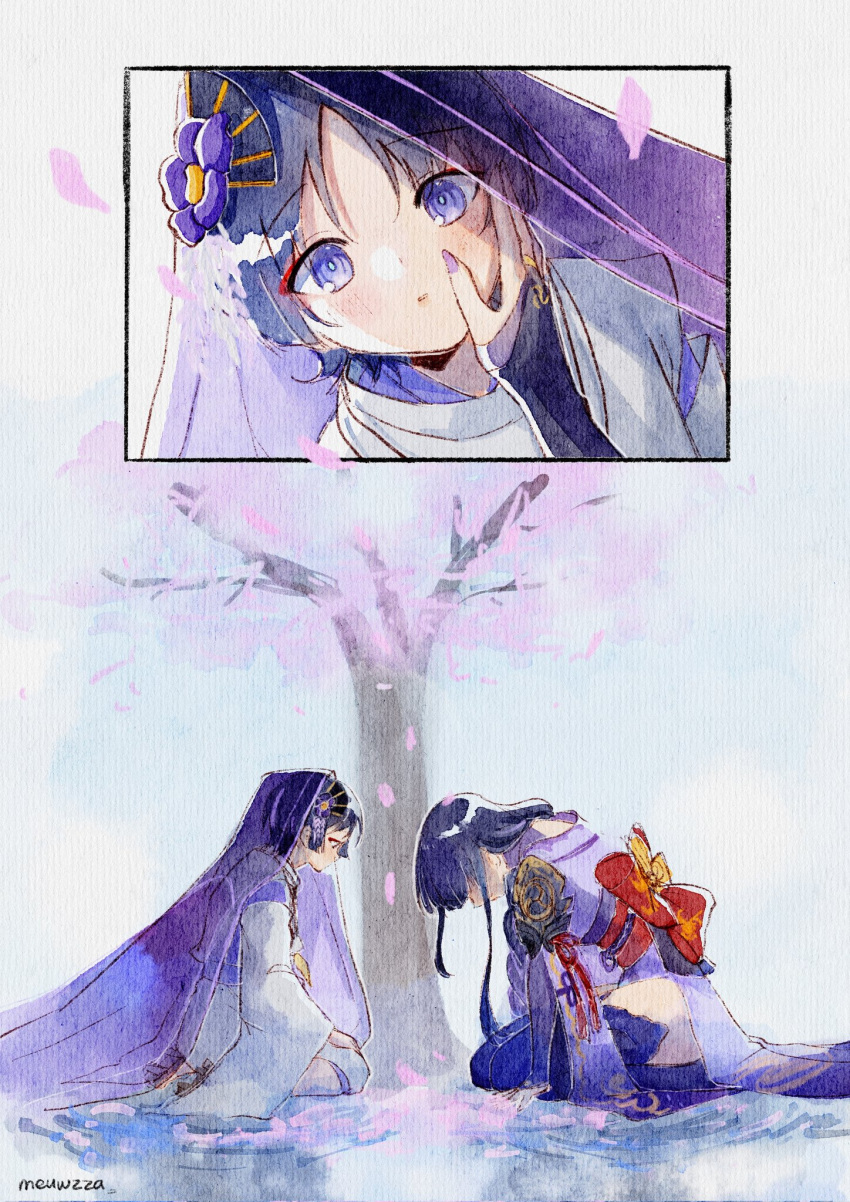 1boy, 1girl, armor, artist_name, back_bow, blue_eyes, blue_hair, blue_pupils