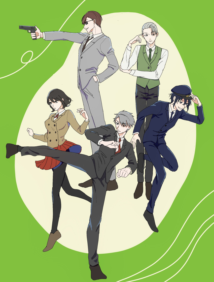 1girl, 4boys, absurdres, black_hair, blue_eyes, blue_hair, brown_hair, collared_shirt