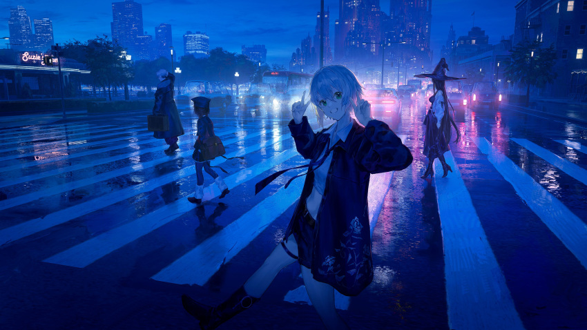 1boy, 3girls, absurdres, after_rain, bag, baggy_pants, bare_shoulders, black_boots