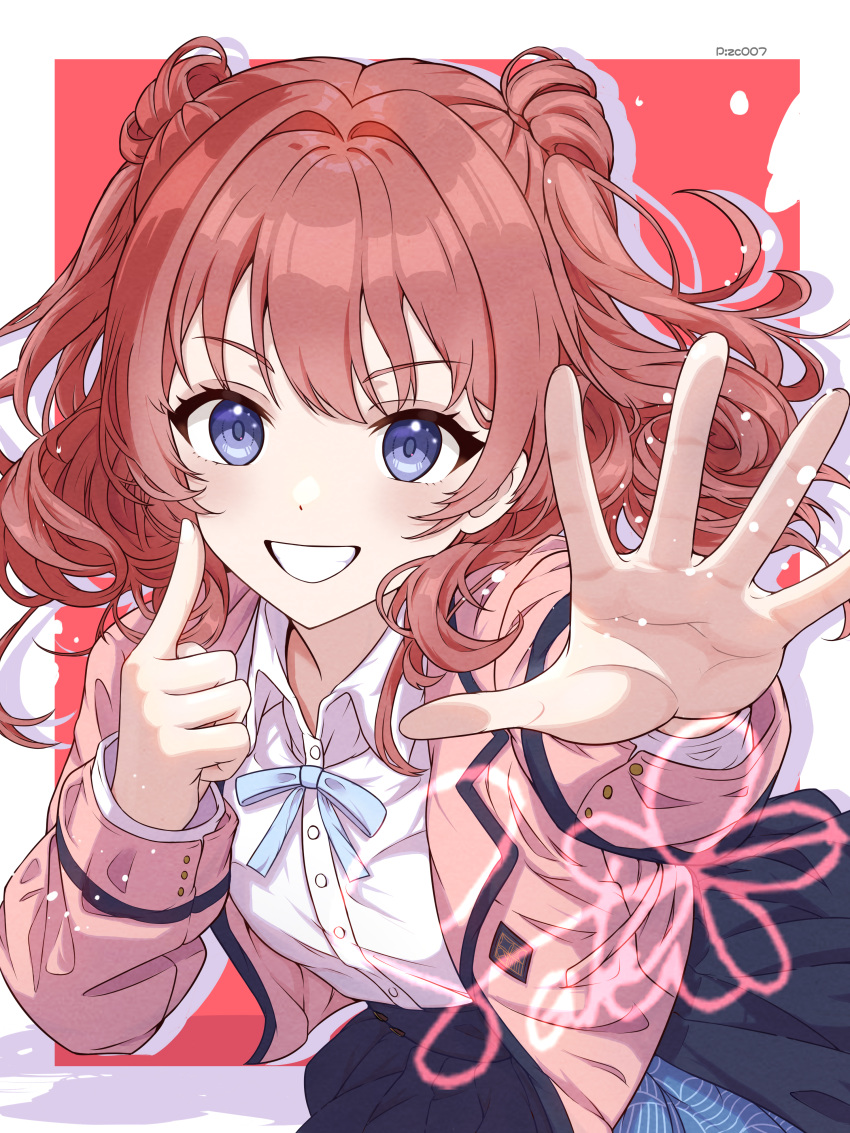 1girl, absurdres, black_overskirt, blazer, blue_eyes, blue_ribbon, blue_skirt, blush