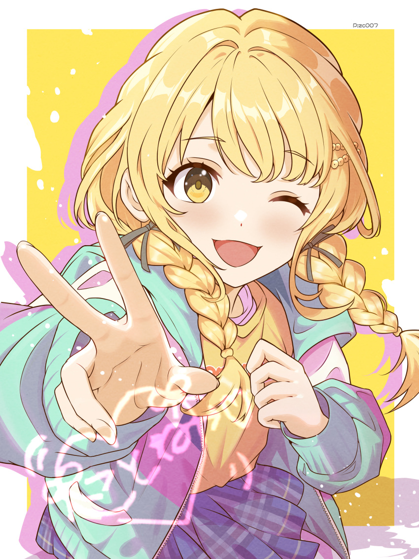 1girl, ;d, absurdres, blonde_hair, blue_skirt, border, braid, chinese_commentary
