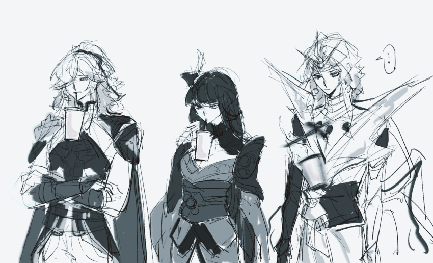 ..., 1girl, 2boys, armor, blunt_bangs, bridal_gauntlets, chinese_clothes, chinese_commentary