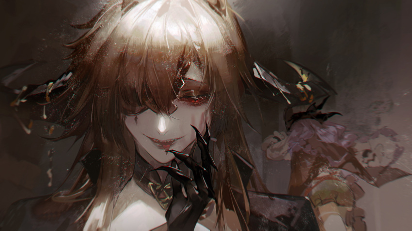 2girls, asymmetrical_bangs, black_gloves, brown_hair, finger_claws, fleeing, gloves, green_shorts