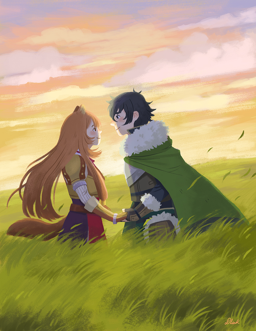 1boy, 1girl, alternate_eye_color, animal_ear_fluff, animal_ears, armor, armored_gloves, artist_name