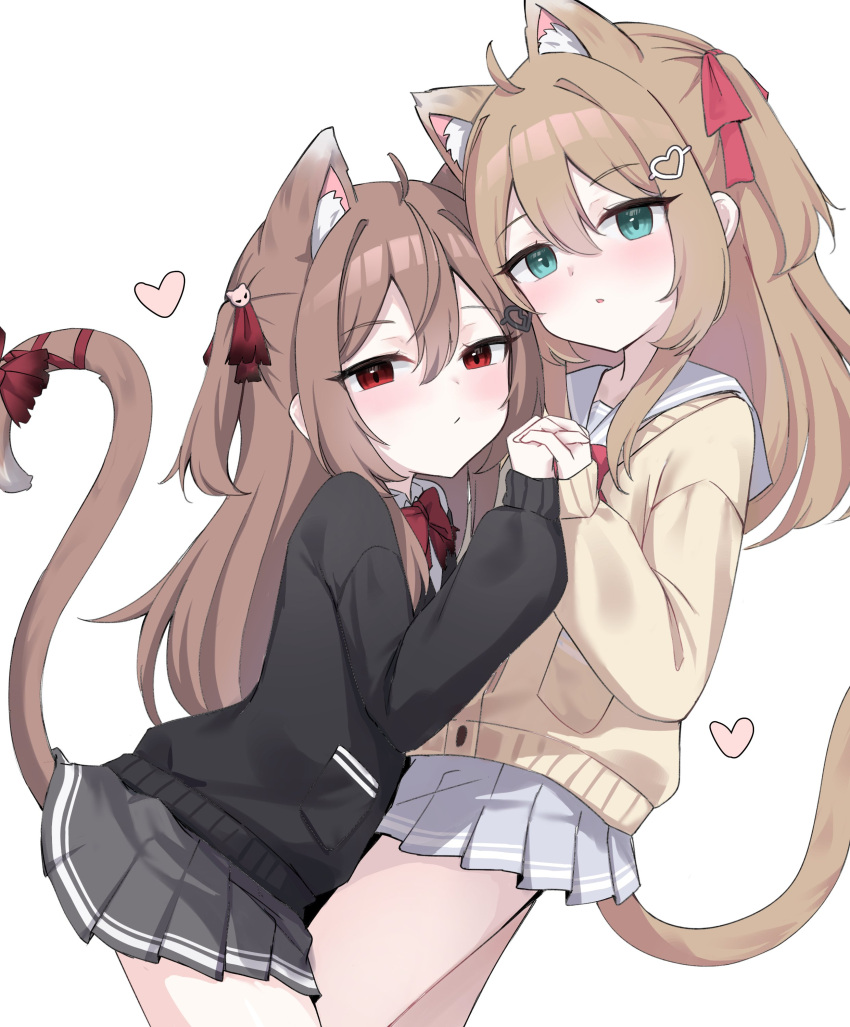 2girls, absurdres, animal_ears, black_cardigan, blue_eyes, bow, broken_heart, broken_heart_hair_ornament