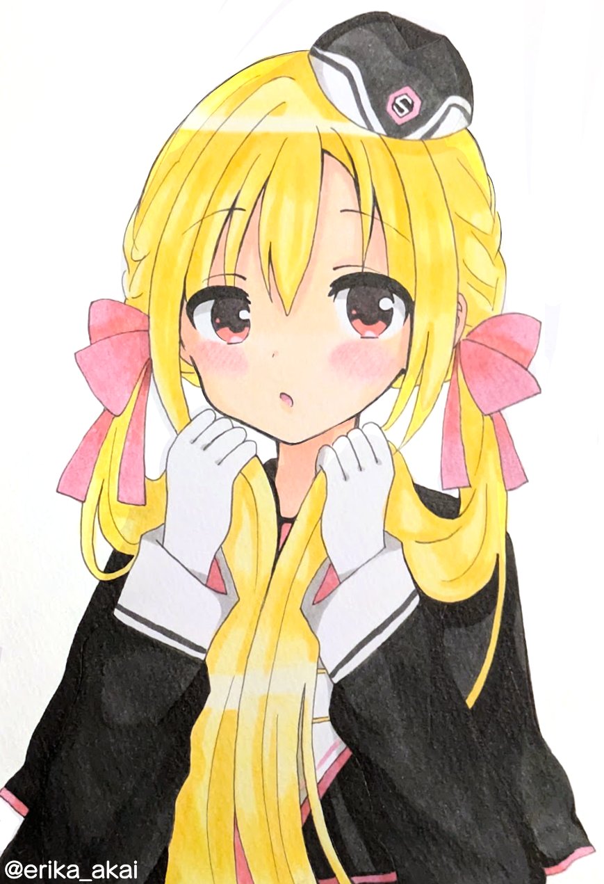 1girl, :o, arihara_nanami, black_capelet, black_hat, blonde_hair, blush, bow