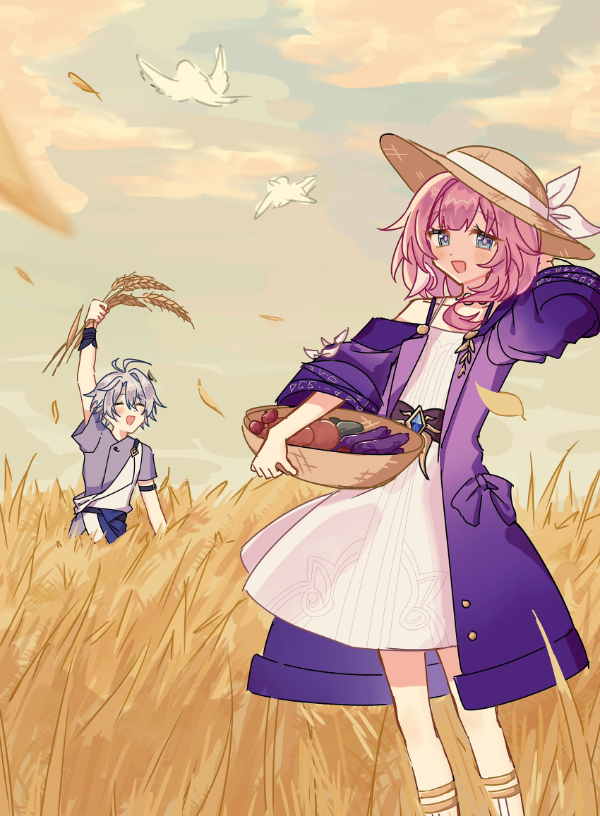 1boy, 1girl, absurdres, ahoge, ancient_greek_clothes, bare_shoulders, basket, bird