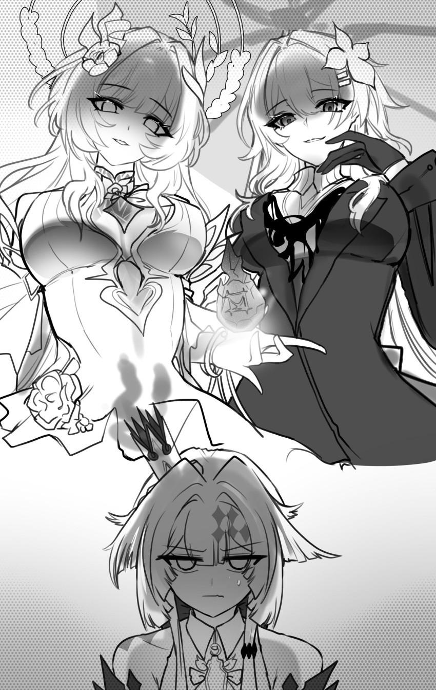3girls, absurdres, bare_shoulders, breasts, cerydra_(honkai:_star_rail), choikfu, commentary, coreflame_(honkai:_star_rail)