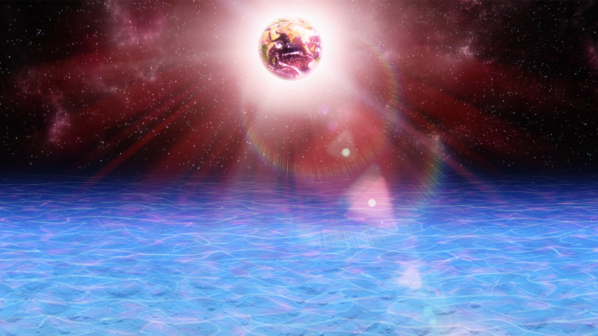 blacksaikou, commentary, earth_(planet), english_commentary, highres, in-universe_location, lens_flare, lunar_capital_(touhou), nebula, no_humans, ocean, planet, sky, space, star_(sky), starry_sky, touhou, water