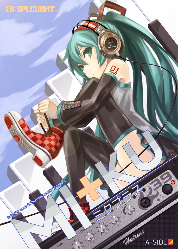 amplifier, detached_sleeves, green_eyes, green_hair, hatsune_miku, headphones, long_hair, shoe_tying