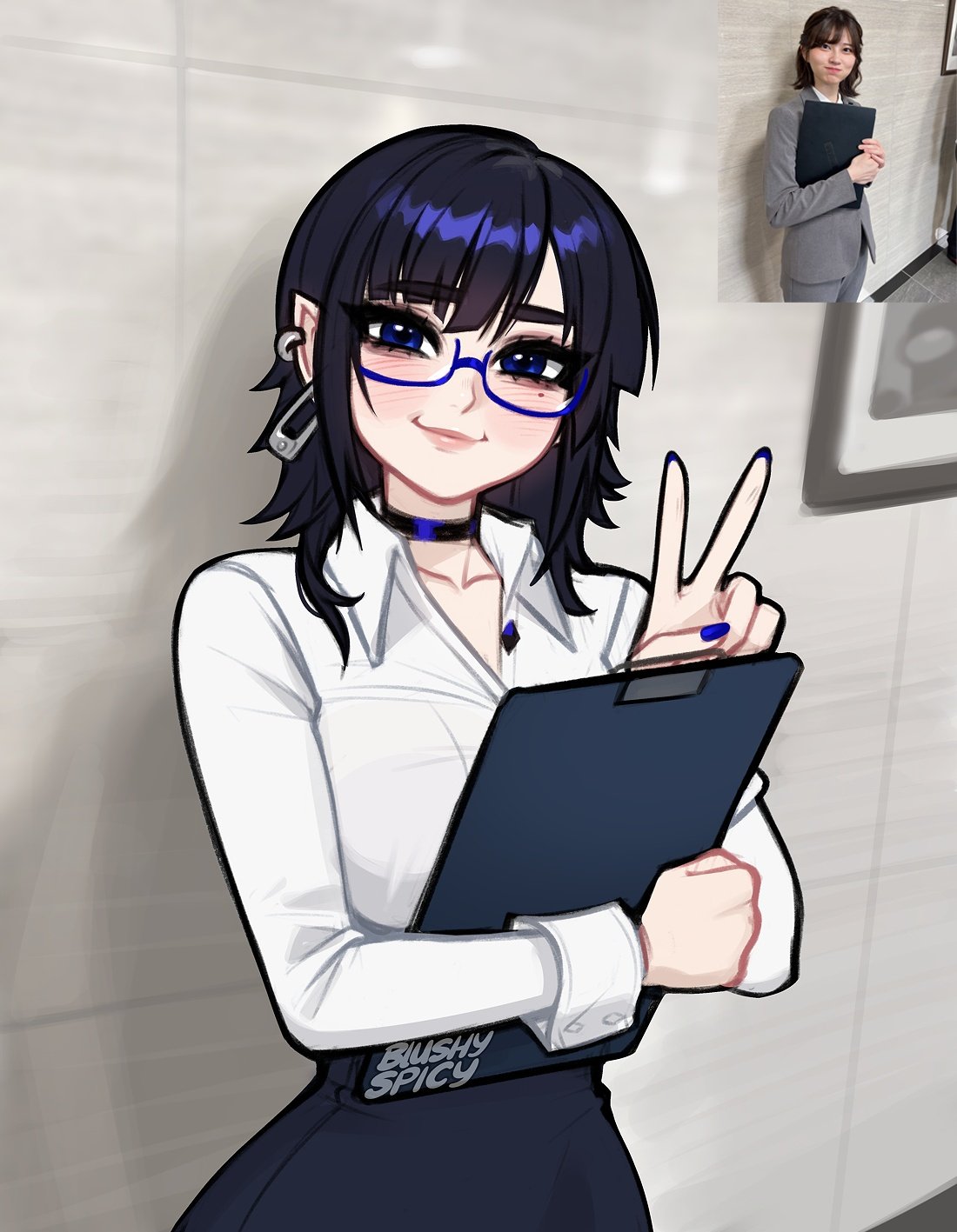 1girl, araki_saori, artist_name, black_choker, black_hair, blue-framed_eyewear, blue_eyes, blue_nails