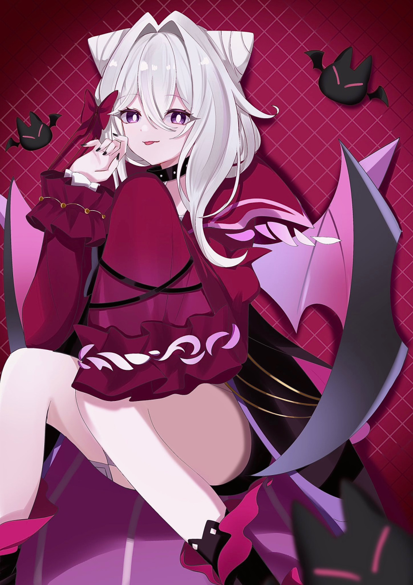 1girl, :p, adapted_costume, ankle_boots, asymmetrical_sleeves, bare_legs, bat_wings, bike_shorts