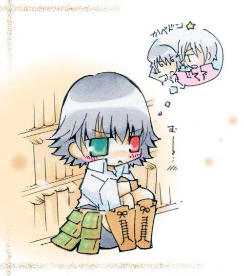 1girl, black_hair, blush, boots, brown_boots, chibi, dante_(devil_may_cry), devil_may_cry_(series), devil_may_cry_3, green_eyes, heterochromia, lady_(devil_may_cry), mugibatake13, red_eyes, short_hair, sitting, speech_bubble, thought_bubble