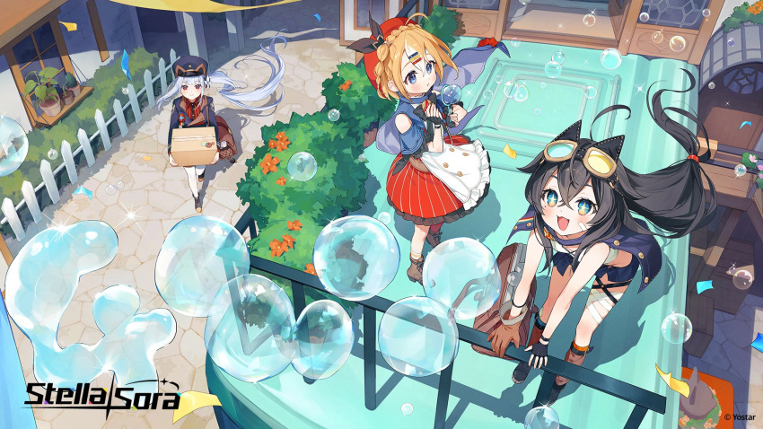 +_+, 3girls, :3, :d, ahoge, animal_ears, asymmetrical_gloves, bare_shoulders, black_gloves, black_hair, black_hat, black_jacket, black_shoes, blowing_bubbles, blue_hair, blue_shorts, blue_socks, box, braid, brown_gloves, bubble_wand, buttons, carrying, closed_mouth, collared_shirt, commentary, copyright_name, copyright_notice, crown_braid, donna_(stella_sora), double-breasted, english_commentary, floating_hair, flower, freesia_(stella_sora), frilled_skirt, frills, gloves, goggles, goggles_on_head, gomzi, hair_ornament, hairclip, hand_on_railing, hat, heterochromatic_eyewear, highres, holding, holding_box, jacket, long_hair, long_sleeves, micro_shorts, mismatched_gloves, mismatched_socks, multicolored_hair, multiple_girls, official_art, one_side_up, open_mouth, orange_flower, orange_hair, orange_socks, outdoors, parallel_hairclips, pinstripe_pattern, pinstripe_shirt, pinstripe_skirt, post_haste_(stella_sora), red_shirt, red_skirt, second-party_source, shirt, shoes, short_hair, shorts, side_ponytail, skirt, smile, soap_bubbles, socks, standing, stella_sora, streaked_hair, teresa_(stella_sora), thigh-highs, tinted_eyewear, very_long_hair, walking, white_socks, white_streaks, white_thighhighs