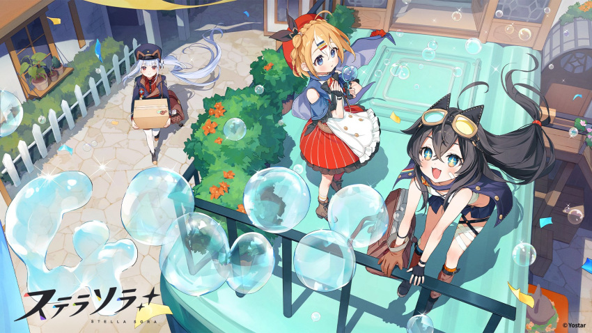 +_+, 3girls, :3, :d, ahoge, animal_ears, asymmetrical_gloves, bare_shoulders, black_gloves, black_hair, black_hat, black_jacket, black_shoes, blowing_bubbles, blue_hair, blue_shorts, blue_socks, box, braid, brown_gloves, bubble_wand, buttons, carrying, closed_mouth, collared_shirt, commentary_request, copyright_name, copyright_notice, crown_braid, donna_(stella_sora), double-breasted, floating_hair, flower, freesia_(stella_sora), frilled_skirt, frills, gloves, goggles, goggles_on_head, gomzi, hair_ornament, hairclip, hand_on_railing, hat, heterochromatic_eyewear, highres, holding, holding_box, jacket, long_hair, long_sleeves, micro_shorts, mismatched_gloves, mismatched_socks, multicolored_hair, multiple_girls, official_art, one_side_up, open_mouth, orange_flower, orange_hair, orange_socks, outdoors, parallel_hairclips, pinstripe_pattern, pinstripe_shirt, pinstripe_skirt, post_haste_(stella_sora), red_shirt, red_skirt, second-party_source, shirt, shoes, short_hair, shorts, side_ponytail, skirt, smile, soap_bubbles, socks, standing, stella_sora, streaked_hair, teresa_(stella_sora), thigh-highs, tinted_eyewear, very_long_hair, vignetting, walking, white_socks, white_streaks, white_thighhighs