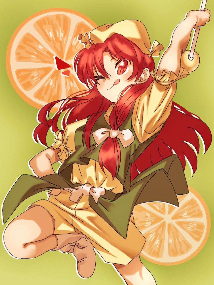 1girl, arm_up, bow, cape, food, frilled_sleeves, frills, fruit