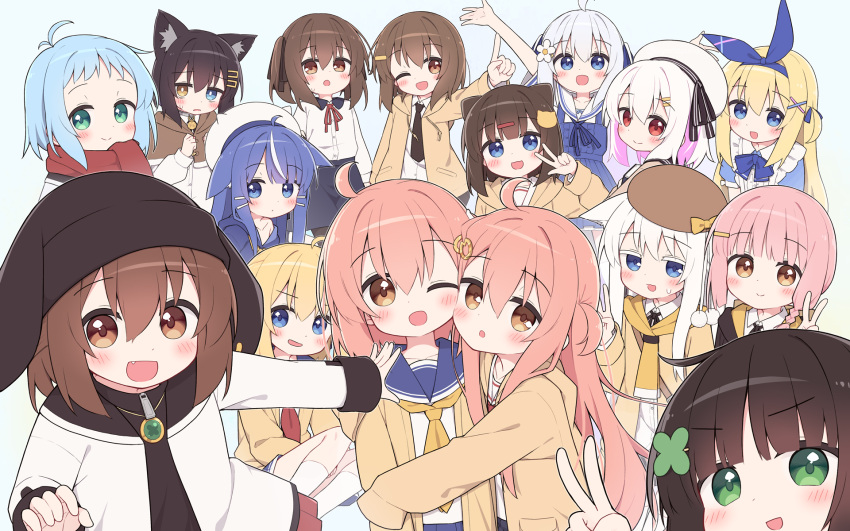 2boys, 6+girls, :d, :o, ;d, ahoge, alice_(ayanepuna), animal_ear_fluff, animal_ears, animal_hat, antenna_hair, apron, beanie, beret, black_eyes, black_hat, black_necktie, black_ribbon, black_skirt, blonde_hair, blue_dress, blue_eyes, blue_hair, blue_hairband, blue_ribbon, blue_sailor_collar, blush, bow_hairband, brown_capelet, brown_eyes, brown_hair, brown_hat, brown_jacket, capelet, cat_ears, cat_girl, cat_hair_ornament, cheek-to-cheek, closed_mouth, clover_hair_ornament, collared_shirt, colored_inner_hair, commentary, drawstring, dress, dress_shirt, fake_animal_ears, flower, flying_sweatdrops, four-leaf_clover_hair_ornament, green_eyes, hair_between_eyes, hair_flower, hair_ornament, hair_ribbon, hairband, hairclip, hand_up, hat, hat_ribbon, heads_together, heterochromia, highres, hood, hood_down, hooded_jacket, ii_(ayanepuna), index_finger_raised, jacket, koko_(ayanepuna), kotone_(ayanepuna), kuu_(ayanepuna), long_hair, long_sleeves, looking_at_viewer, mana_(ayanepuna), mei_(ayanepuna), multicolored_hair, multiple_boys, multiple_girls, neck_ribbon, neckerchief, necktie, nia_(ayanepuna), nono_(ayanepuna), one_eye_closed, open_clothes, open_jacket, original, parted_lips, pinafore_dress, pink_hair, rabbit_ears, red_eyes, red_neckerchief, red_ribbon, red_scarf, ribbon, sailor_collar, sailor_shirt, scarf, school_uniform, serafuku, shio_(ayanepuna), shirt, short_sleeves, siblings, simple_background, sisters, skirt, sleeveless, sleeveless_dress, smile, socks, sui_(ayanepuna), suzu_(ayanepuna), tamaki_(ayanepuna), trap, two_side_up, v, very_long_hair, white_flower, white_hair, white_hat, white_shirt, white_socks, yellow_jacket, yellow_neckerchief, yuki_(ayanepuna), yune_(ayanepuna), yuune_(ayanepuna), yuune_(ayanepuna)_(character), zipper_pull_tab