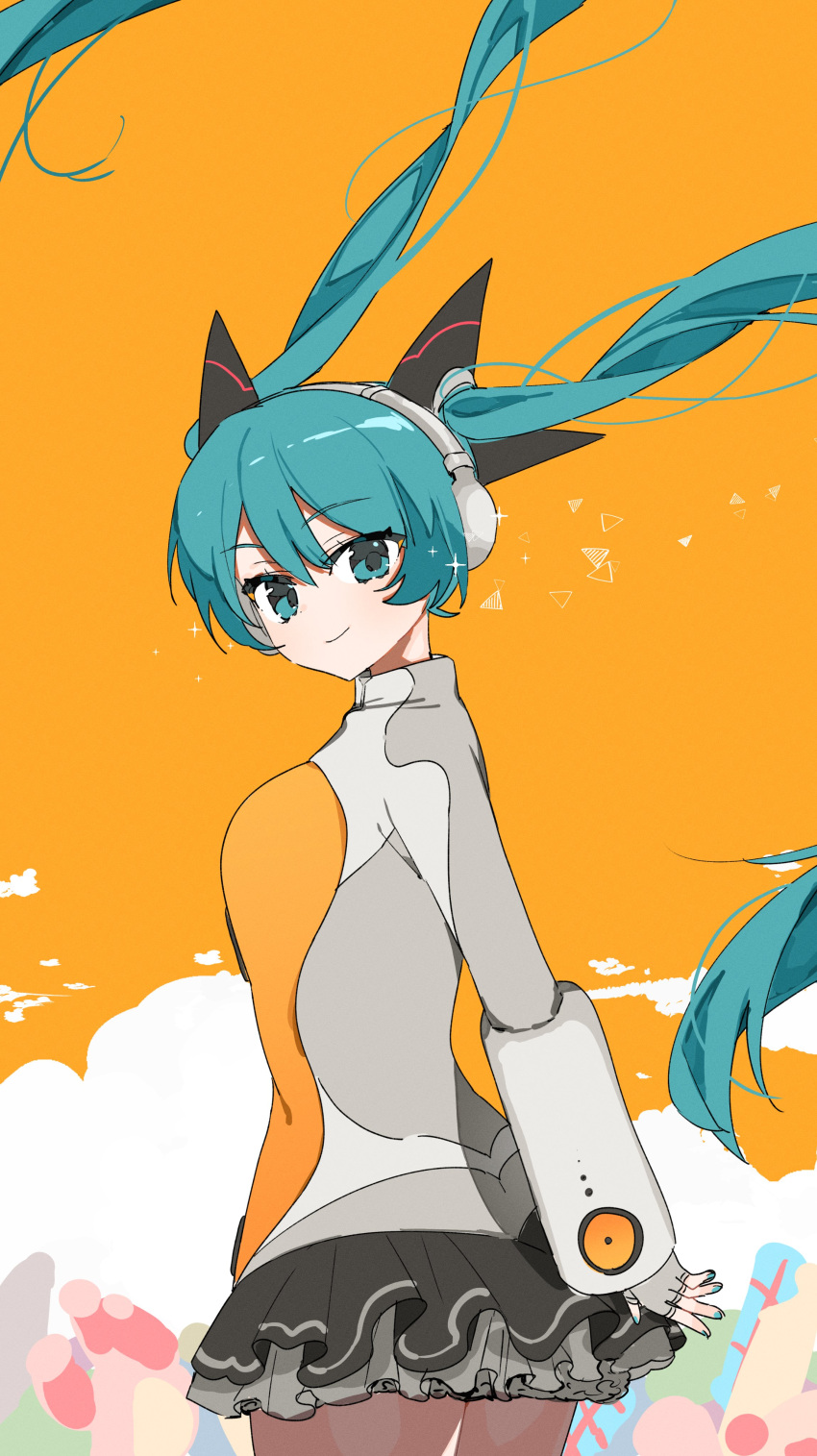 1girl, absurdres, aqua_eyes, aqua_hair, black_skirt, blue_hair, closed_eyes, fingerless_gloves
