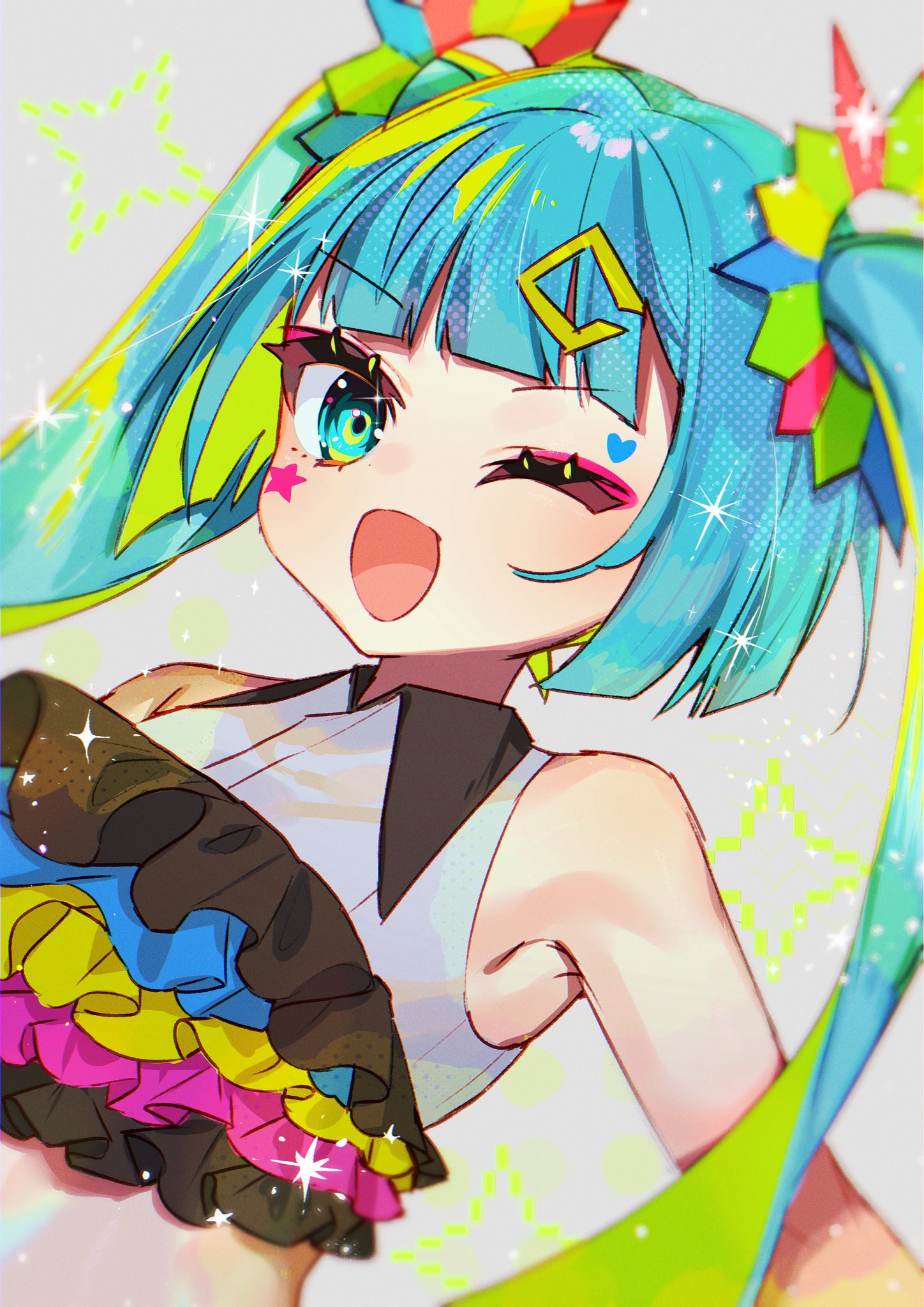 1girl, aqua_eyes, aqua_hair, blue_eyes, breasts, catch_the_wave_(vocaloid), dress, hair_between_eyes, hair_ornament, hatsune_miku, hatsune_miku_(catch_the_wave), highres, long_hair, looking_at_viewer, necktie, open_mouth, project_diva_(series), project_diva_mega39's, shirt, skirt, sleeveless, smile, solo, tsuchinoko_(tutituti0125), twintails, very_long_hair, vocaloid